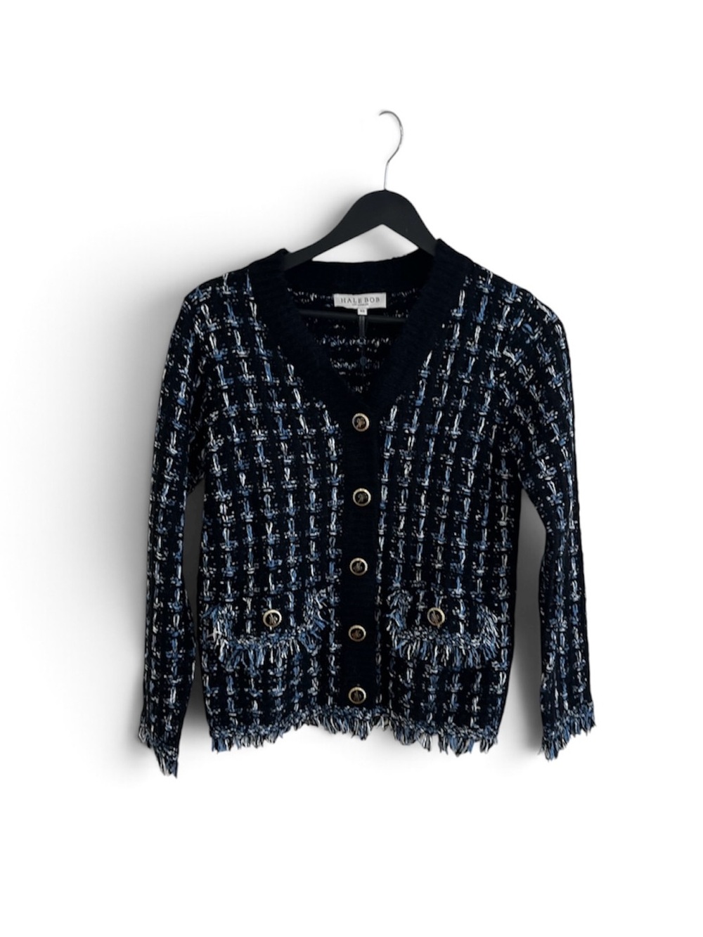Hale Bob Navy and Light Blue Tweed Button Front Jacket
